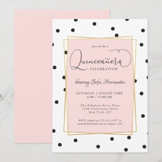 Roze Zwart en Goud Confetti Stippen Quinceanera Kaart (Voorkant / Achterkant)