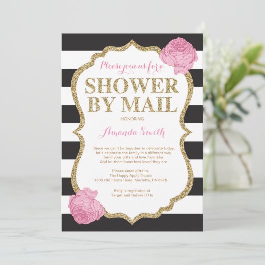 Roze Zwart en Goud Glitter Baby shower per post Kaart (Staand voorkant)