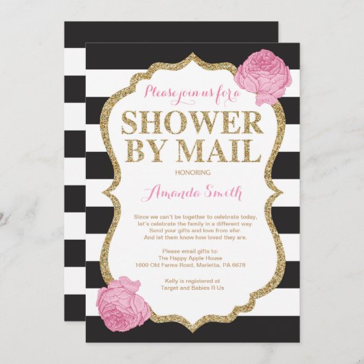 Roze Zwart en Goud Glitter Baby shower per post Kaart (Voorkant / Achterkant)