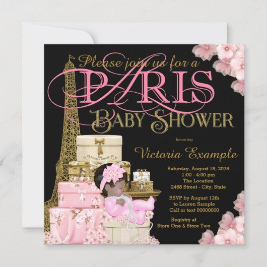 Roze Zwart en Goud Paris Etnisch Meisje Baby showe Kaart (Voorkant)