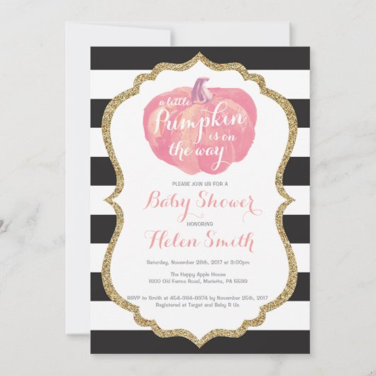 Roze Zwart en Goud Pompoen Meisje Baby shower Kaart (Voorkant)