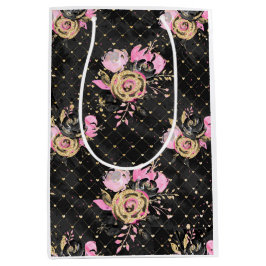 Roze, Zwart en Gouden Bloemengeschenkzak Medium Cadeauzakje