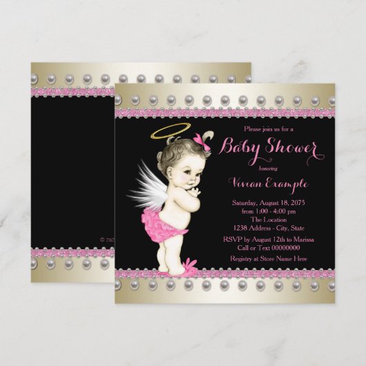 Roze Zwart en Gouden Engel Baby shower Kaart (Voorkant / Achterkant)