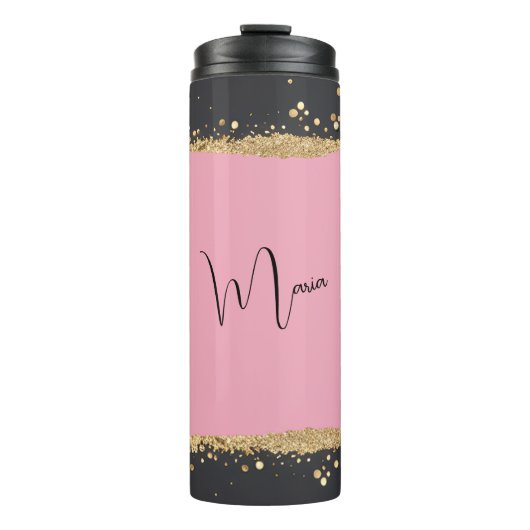 Roze, Zwart en Gouden Glitter Thermosbeker (Voorkant)
