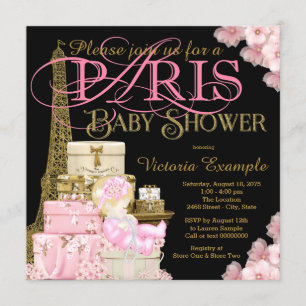 Roze Zwart en Gouden Paris Blond Meisje Baby Showe Kaart