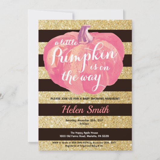 Roze Zwart en Gouden Pompoen Meisje Baby Shower Kaart (Voorkant)