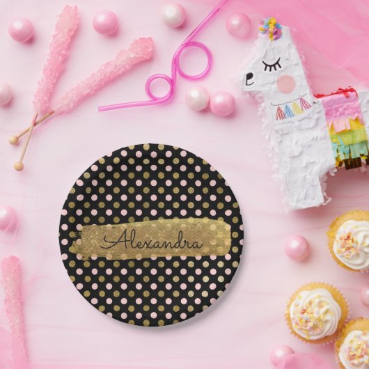 Roze, zwart en goudfolie Polka Dot & Stripe Papieren Bordje (Feest)