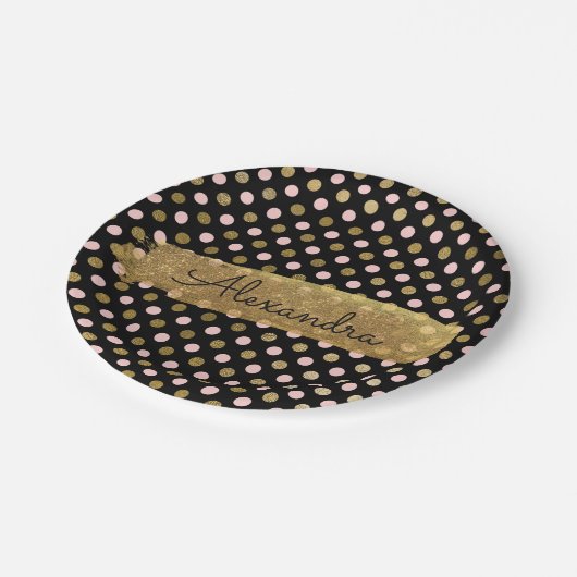 Roze, zwart en goudfolie Polka Dot & Stripe Papieren Bordje (Gekanteld)