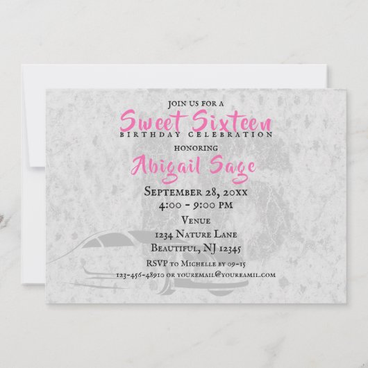 Roze, Zwart en Grunge met Car Sweet 16 Verjaardag Kaart (Achterkant)