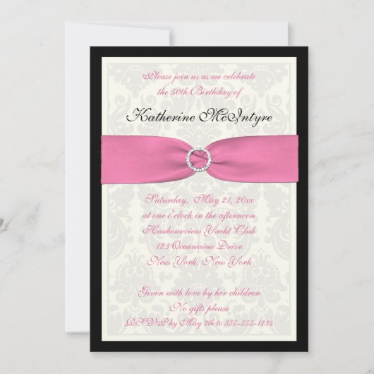 Roze, Zwart en Ivory Damask 50th Birthday Invite Kaart (Voorkant)
