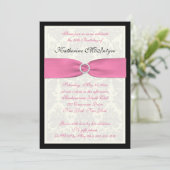 Roze, Zwart en Ivory Damask 50th Birthday Invite Kaart (Staand voorkant)