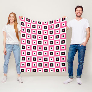 Roze Zwart en Wit Geruite Vierkanten Patroon Fleece Deken
