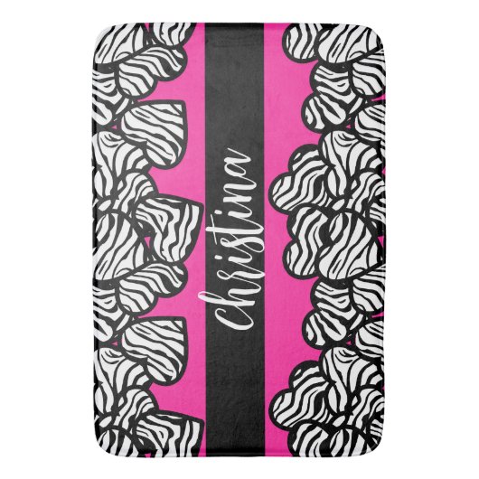 Roze zwart en wit zebra patroon hart naam badmat (Voorkant Verticaal)