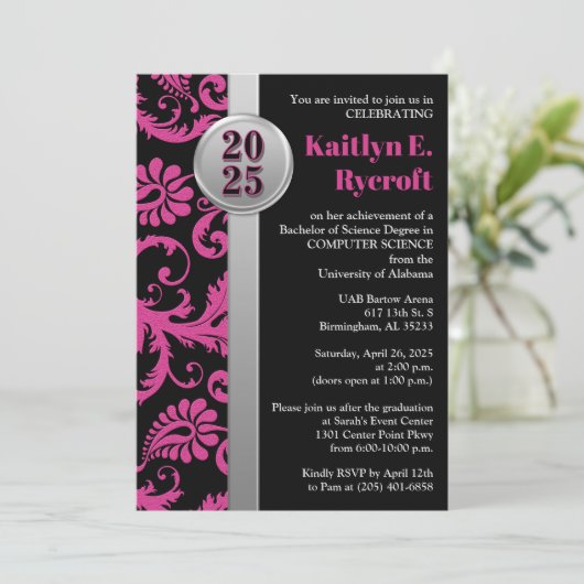 Roze, zwart en zilver Afstuderen uitnodigen 2024 Kaart (Staand voorkant)