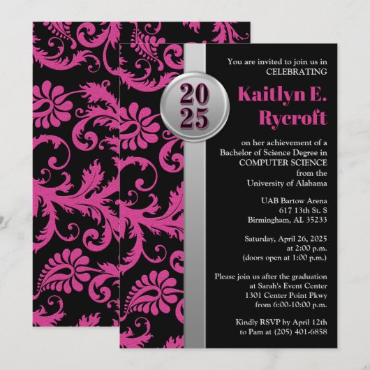 Roze, zwart en zilver Afstuderen uitnodigen 2024 Kaart (Voorkant / Achterkant)