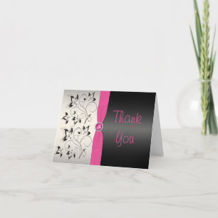 Roze, Zwart en zilver Floral Dank u Kaart