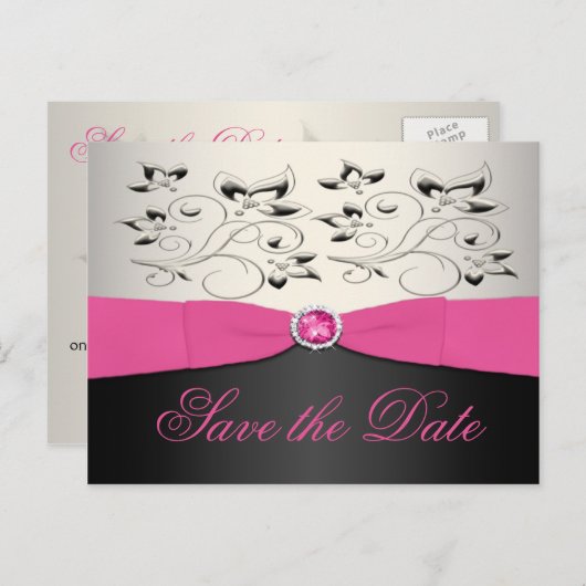 Roze, Zwart en Zilver Save the Date Briefkaart (Voorkant / Achterkant)