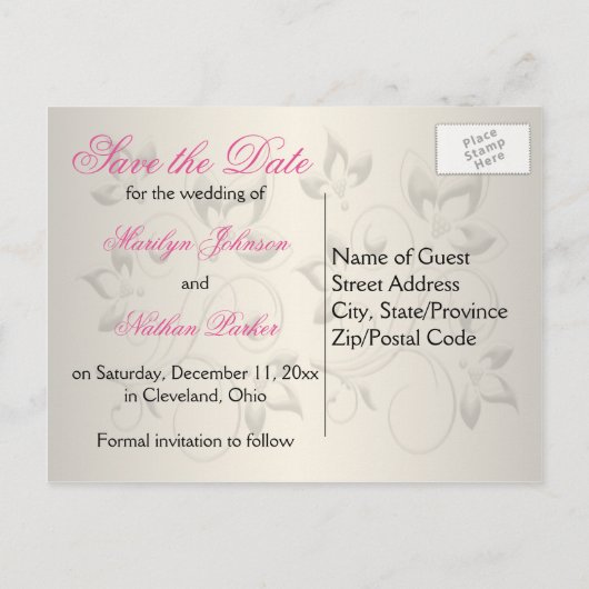 Roze, Zwart en Zilver Save the Date Briefkaart (Achterkant)