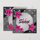 Roze, Zwart en Zilveren Stars Sweet 16 Uitnodiging (Voorkant / Achterkant)