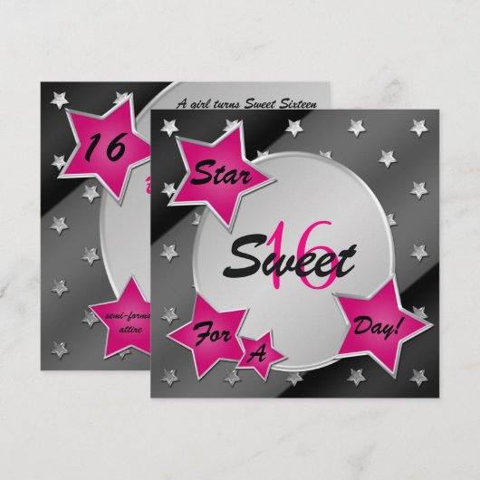 Roze, Zwart en Zilveren Stars Sweet 16 Uitnodiging (Voorkant / Achterkant)