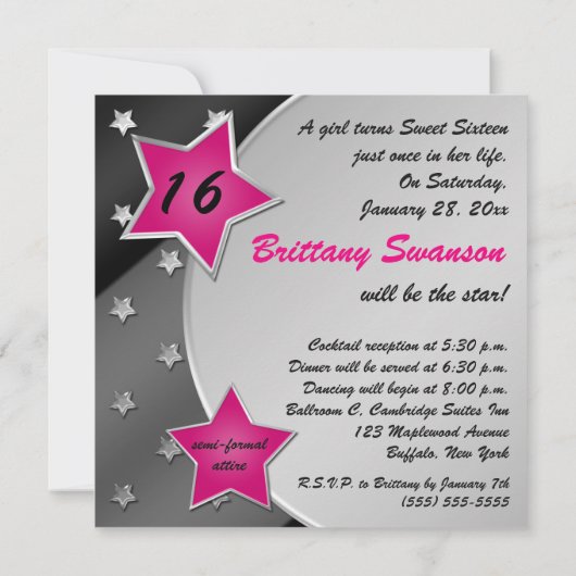 Roze, Zwart en Zilveren Stars Sweet 16 Uitnodiging (Achterkant)