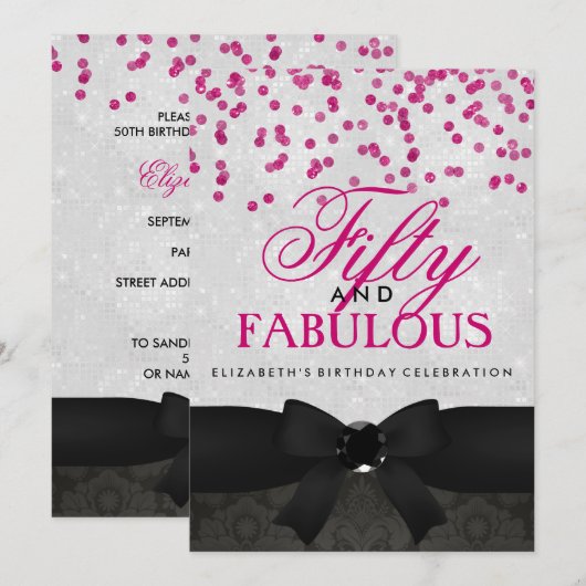 Roze & Zwart Fabulous 50ste verjaardag Uitnodiging (Voorkant / Achterkant)
