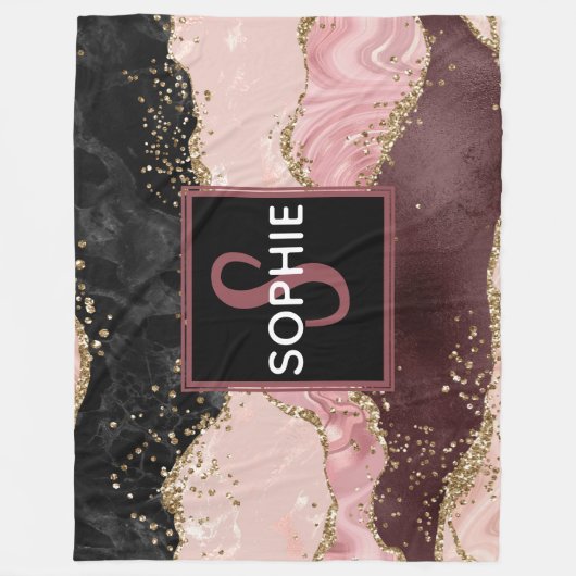 Roze & zwart & Faux Gold Glitter Agate Monogram Fleece Deken (Voorkant)