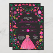 Roze & Zwart Fiesta Quinceañera Uitnodiging (Voorkant / Achterkant)