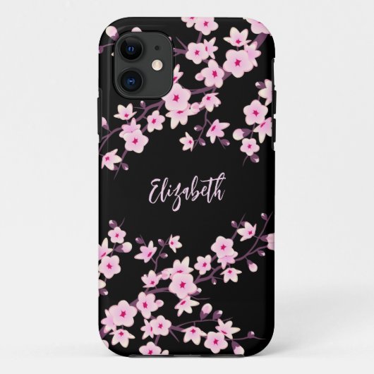 Roze zwart-Floral Cherry Blossom Monogram Case-Mate iPhone Case (Achterkant)