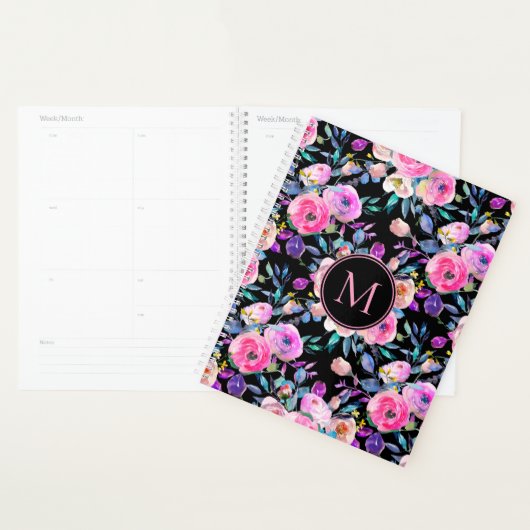 Roze Zwart Floral Monogram Gepersonaliseerd Planner (Display)