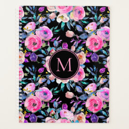 Roze Zwart Floral Monogram Gepersonaliseerd Planner