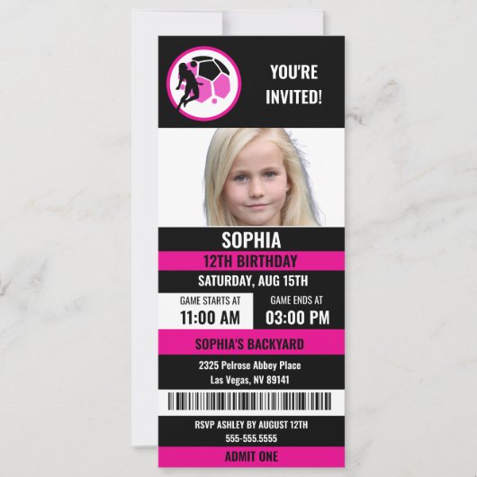 Roze Zwart Football Ticket Verjaardagsfoto Kaart (Voorkant)