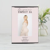 Roze & Zwart Foto Lijst Trendy Modern Sweet 16 Kaart (Staand voorkant)