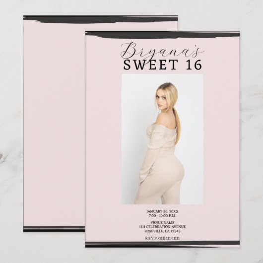 Roze & Zwart Foto Lijst Trendy Modern Sweet 16 Kaart (Voorkant / Achterkant)