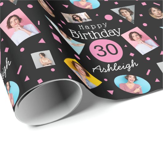Roze Zwart Fotocollage 30e verjaardag Cadeaupapier (Rol Hoek)
