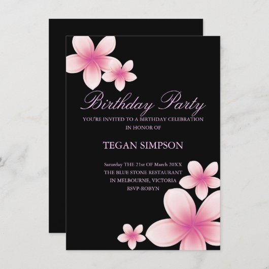 Roze & Zwart Frangipani Verjaardag Uitnodigen Kaart (Voorkant / Achterkant)