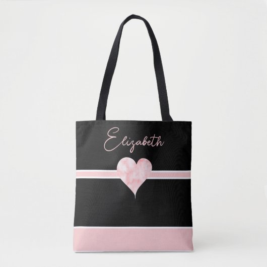 Roze & Zwart  Gepersonaliseerd Hart Tote Bag (Voorkant)