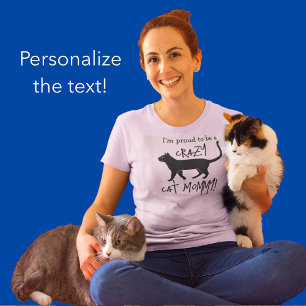 Roze Zwart Gepersonaliseerde Crazy Cat Mama T-shirt