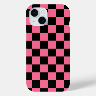 Roze zwart geruit controlepatroon iPhone 15 case