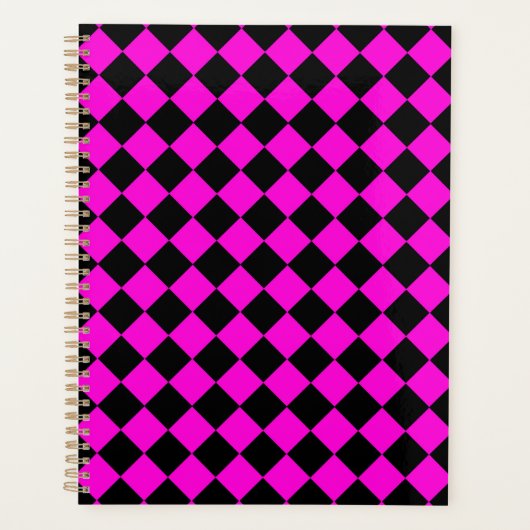 Roze Zwart Geruit Diamant Patroon Planner (Voorkant)