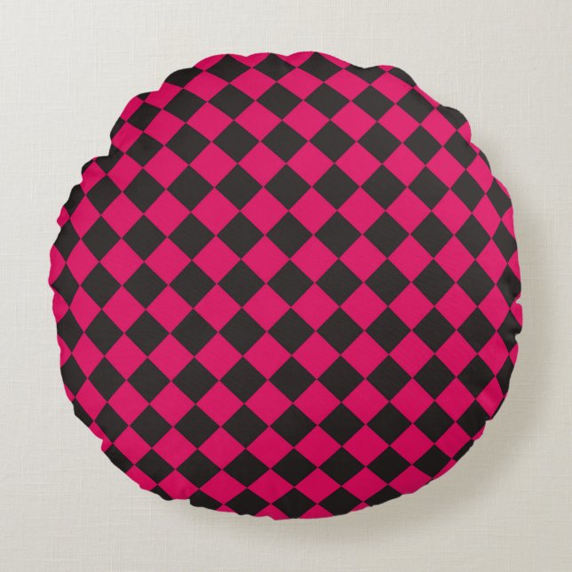 Roze Zwart Geruit Diamant Patroon  Rond Kussen (Voorkant)