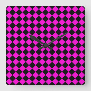 Roze Zwart Geruit Diamant Patroon Vierkante Klok