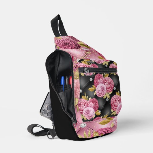 ROZE & ZWART GETUFTE LOOK PATROON EN BLOEMEN SLING BAG (Open)