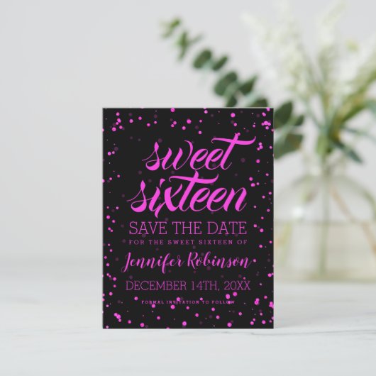 Roze zwart gezoet 16 van de Verjaardag sparen Datu Save The Date (Staand voorkant)