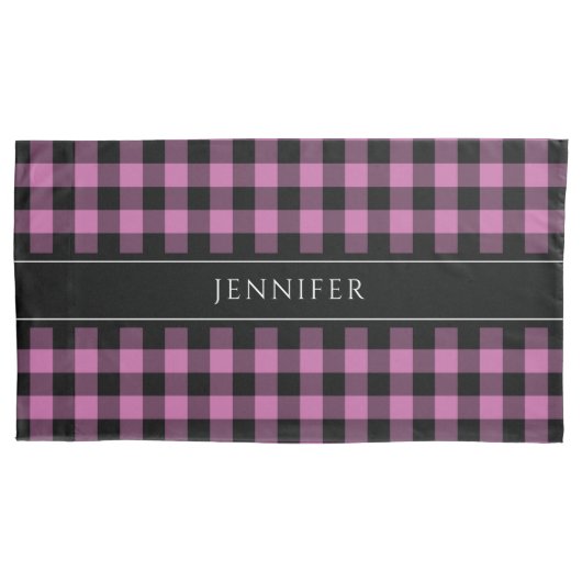 Roze & Zwart Gingham Plaid Boerderij Patroon Naam Kussensloop (Voorkant)