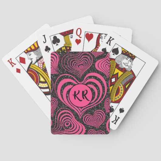 Roze Zwart Glam Abstract Hart Monogram Beginletter Pokerkaarten (Achterkant)