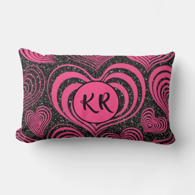 Roze Zwart Glam Abstract Hart Monogram Initiaal Kussen (Voorkant)