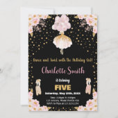 Roze Zwart Glitter Ballerina Verjaardag Uitnodigin Kaart (Voorkant)