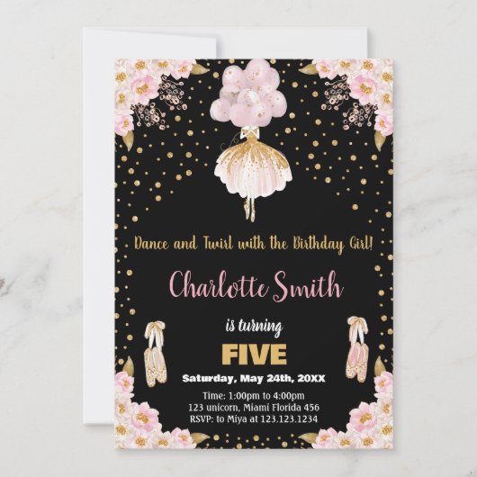 Roze Zwart Glitter Ballerina Verjaardag Uitnodigin Kaart (Voorkant)