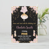 Roze Zwart Glitter Ballerina Verjaardag Uitnodigin Kaart (Staand voorkant)
